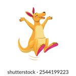 Cartoon funny kangaroo animal character with cute happy face and jumping, vector personage. Kangaroo baby jump with emotion of happiness and joy, Australian animal for kids zoo collection or t-shirt