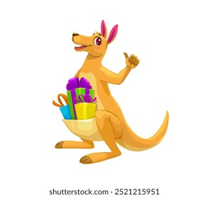 Divertido personaje animal canguro de dibujos animados con regalos y cajas de regalo en su bolsa, dando un pulgar hacia arriba, simbolizando la celebración, regalos y vibraciones positivas. Personaje de cómic wallaby australiano Vector