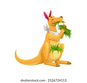 Cartoon funny kangaroo animal character munching on grass with a playful expression. Isolated vector wallaby or wallaroo personage with a bib enjoying tasty meal capturing carefree Australian vibe