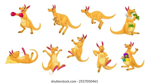 Cartoon funny kangaroo animal characters in different poses and activities like boxing, jumping, relaxing, carrying joeys, eating, and holding gifts. Vector set of funny personages for children book