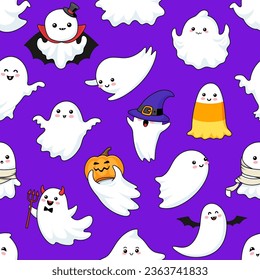 Cartoon funny kawaii Halloween ghost characters seamless pattern, vector background for holiday. Cute cheerful ghosts and happy smiling boo ghouls with pumpkin in witch hat, vampire and devil