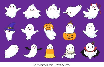 Cartoon funny kawaii Halloween ghost characters and monsters, holiday horror night vector icons. Scary spooky white ghosts with boo faces in pumpkin with witch hat as zombie or vampire for Halloween