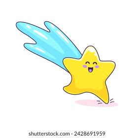 Caricatura divertida kawaii disparo estrella personaje. Personaje feliz del vector de la estrella del parpadeo que vuela abajo con la cola azul brillante. Emoticono espacial o emoticono celestial del personaje superestrella fugaz