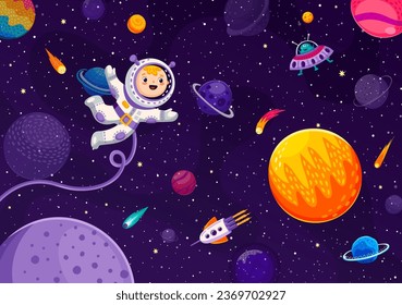 Caricatura graciosa astronauta infantil en el espacio exterior con planetas de galaxia, OVNI y el estrellato, fondo vectorial. Aventura de los hombres espaciales en la fantasía de la galaxia con OVNI alienígena y lanzacohetes o nave espacial galáctica