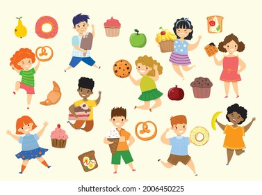 Cartoon funny kids friends fast food - cookie, waffle, donut, pretzel, croissant, ice cream in the flat style