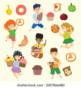 Cartoon funny kids friends fast food - cookie, waffle, donut, pretzel, croissant, ice cream in the flat style