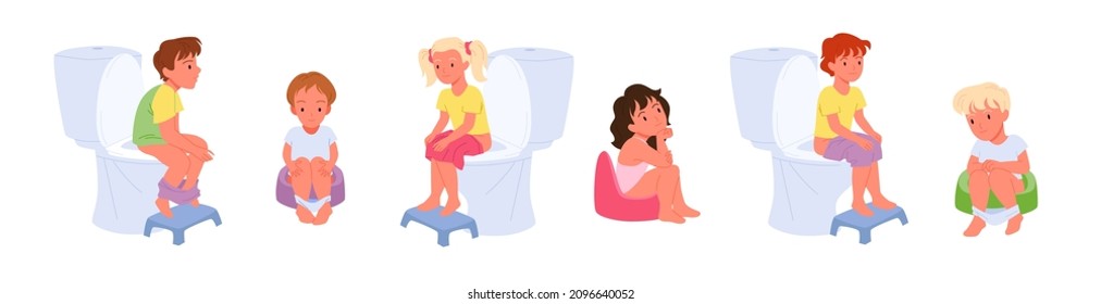 Cartoon funny kids pee or defecate in restroom, lavatory isolated on white. Potty training, toddler hygiene concept. Baby girl and boy sitting on toilet bowl or chamber pot set vector illustration