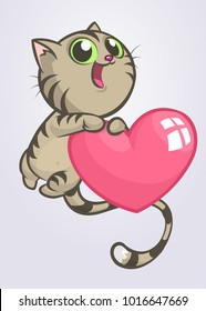 Cartoon funny kitty holding a love heart. Vector illustration of a cat in love for St Valentines Day. Isolated