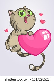 Cartoon funny kitty holding a love heart. Vector illustration of a cat in love for St Valentines Day. Isolated