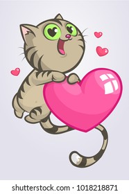 Cartoon funny kitty holding a love heart. Vector illustration of a cat in love for St Valentines Day. Isolated