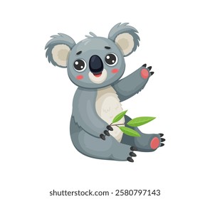 Cartoon funny koala bear character sitting with a friendly expression, holding a green eucalyptus leaf. Isolated vector cute Australian animal personage with big eyes, captures the charm and innocence