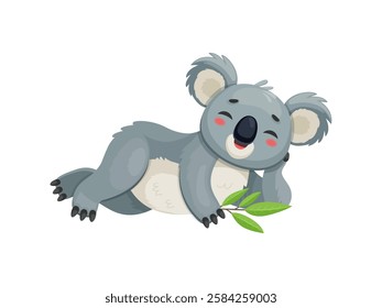 Cartoon funny koala bear character lying down with a cute happy expression, holding a eucalyptus branch. Isolated vector adorable and charming koala animal, playful and relaxed wildlife personage