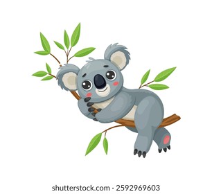 Cartoon funny koala bear character with big eyes and fluffy gray fur relaxing on the eucalyptus tree with green leaves, lying on the branch. Isolated vector cute Australian animal in natural habitat