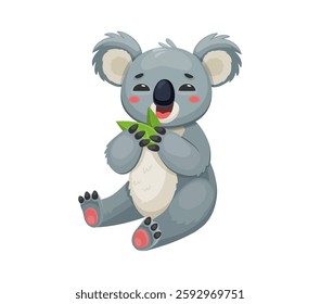 Cartoon funny koala bear character blissfully munches on a eucalyptus leaf. Isolated vector Australian animal personage with round eyes and jovial face expression capturing the joy of a tasty meal