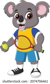 Cartoon funny koala playing a tennis