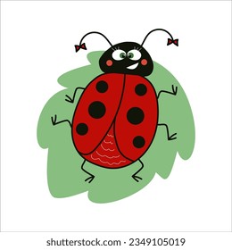 Cartoon funny ladybug with bows on a leaf. Vector doodle illustration