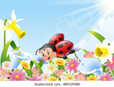Cartoon funny ladybug flying over flower field