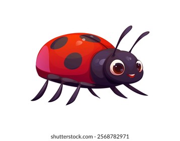 Cartoon funny ladybug insect character. Isolated vector funny ladybird pest with a vivid red shell, black spots, antennas, large friendly eyes and an expressive smile. Cute lady beetle or lady cow bug