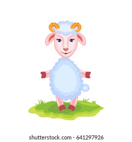 Cartoon funny lamb, kid cartoon vector animal, domestic cute ship on grass isolated on white background, Character design for greeting card, children invitations, creation of zoo alphabet, baby shower