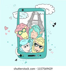 Cartoon funny lambs make selfies  in front of the Eiffel Tower. Trendy pastel color. Travel vector illustration