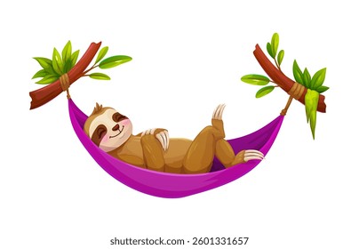 Cartoon funny and lazy sloth animal, cute tropical character relaxing in a hammock tied between two tree branches with green leaves. Isolated vector personage emphasizing a calm and laid back living