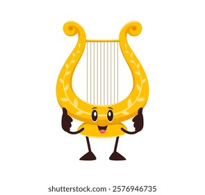 Cartoon funny lira musical instrument character. Isolated vector stringed lyra personage. Vintage plucked instrument for playing classic or folk music. Smiling and positive traditional greek harp