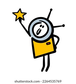 Cartoon funny little astronaut holds a star in his outstretched hand. Vector illustration of stickman character in outer space.