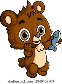 Cartoon funny little bear carrying fresh fish of illustration