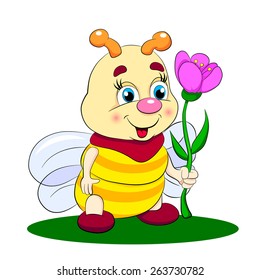 Cartoon funny little bee  with bright flower.