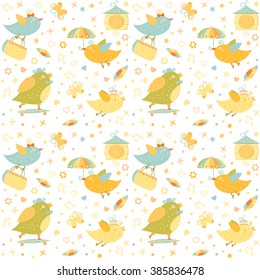 Cartoon funny little bird family illustration. Vector seamless pattern children pattern. Great for spring Baby, Valentine's Day, Mother's Day, happy easter, happy birthday, seasonal greeting cards.