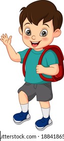 Cartoon funny little boy with school bag waving his hand