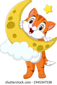 Cartoon funny little cat with yellow moon