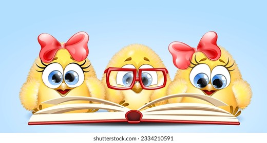 Cartoon funny little Chicks  reading big red book. Back to school concept