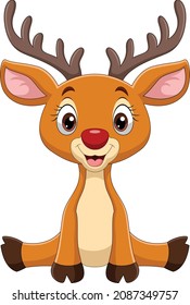 Cartoon funny little deer sitting on white background