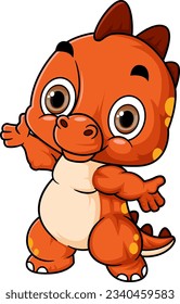 Cartoon funny little dinosaurs with welcome pose of illustration
