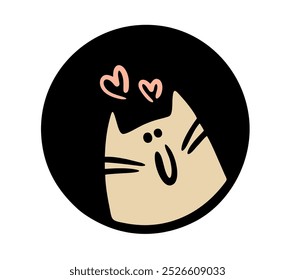 Caricatura graciosa carita se asoma de la oscuridad. Ilustración vectorial de un lindo gato enfermo de amor mirando fuera de la oscuridad y enviando su amor. Un corazón y una mascota.