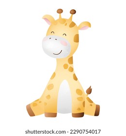 Cartoon funny little giraffe sitting. Baby animal for posters, fabric prints, newborn cards, stationery, toys, nursery, baby shower, invitation, wallpapers, party decorations