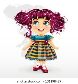 Cartoon funny little girl with emerald eyes and pink hair in a striped dress in white socks and purple shoes stands apart handle. Happy childhood.