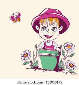 Cartoon funny little girl with green eyes and pink hat sitting in a bucket near the emerald grass and daisies and looking at a flying orange and pink butterfly. Happy childhood.