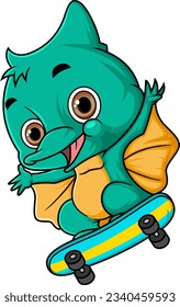 Cartoon funny little pterosaurs playing skateboard of illustration