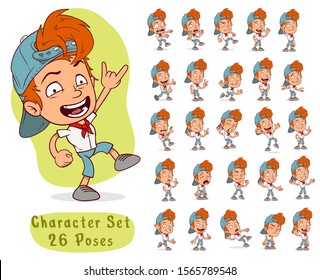 Cartoon Funny Little Redhead Boy Character With Cap In Different Positions. Layered Vector For Animations. Isolated On White Background. Big Icon Set.