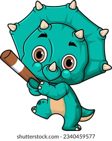 Cartoon funny little triceratops playing baseball of illustration