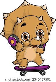 Cartoon funny little triceratops playing skateboard of illustration