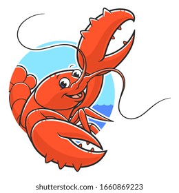 Cartoon funny lobster on the round water and sky background.