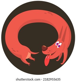 Cartoon funny logn dog running and catching its own tail. Vector illustration isolated