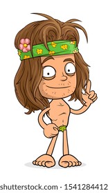 Cartoon funny long haired hipster boy character with flower bandage. Layered vector for animations. Isolated on white background. Vector icon.
