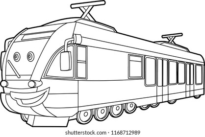 cartoon funny looking fast train - vector coloring page - isolated - illustration for children