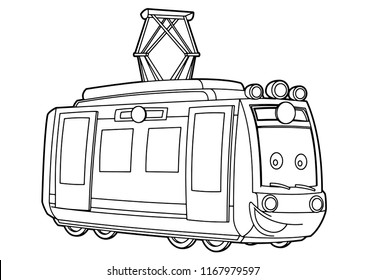 Cartoon funny looking vector electric train - isolated - coloring page - illustration for children