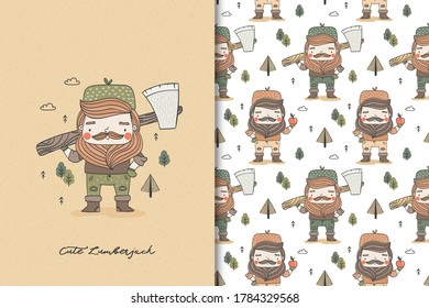 Cartoon funny lumberjack with axe. Male worker hipster character. Card print template and seamless background pattern set. Hand drawn surface design vector illustration.