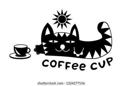 Cartoon funny lying cat under the sun. With a cup of coffee and the inscription - coffee cup. Vectonic graphics. Logo.